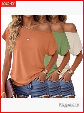 Boat Neck Oversized Tunic Tees, 3-Pack Short Sleeve Tops